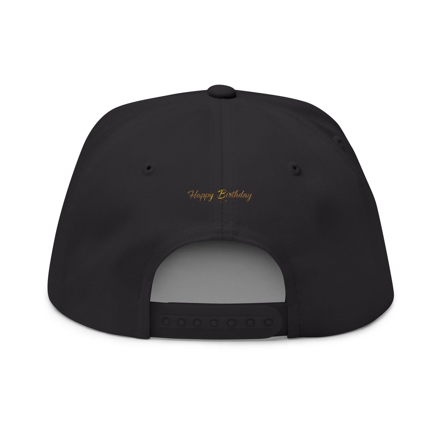 Happy Birthday Embroidered Flat Bill Cap — Gold Script Birthday Dad Hat
