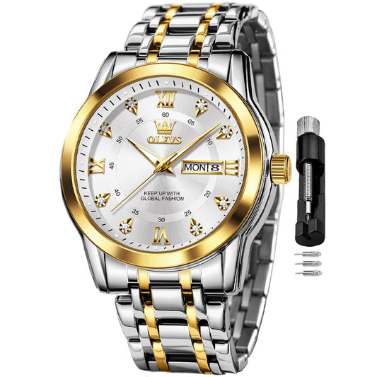OLEVS Silver Watch for Men Simple Business Dress Analog Quartz Stainless Steel Waterproof Luminous Date Diamond Men Watch