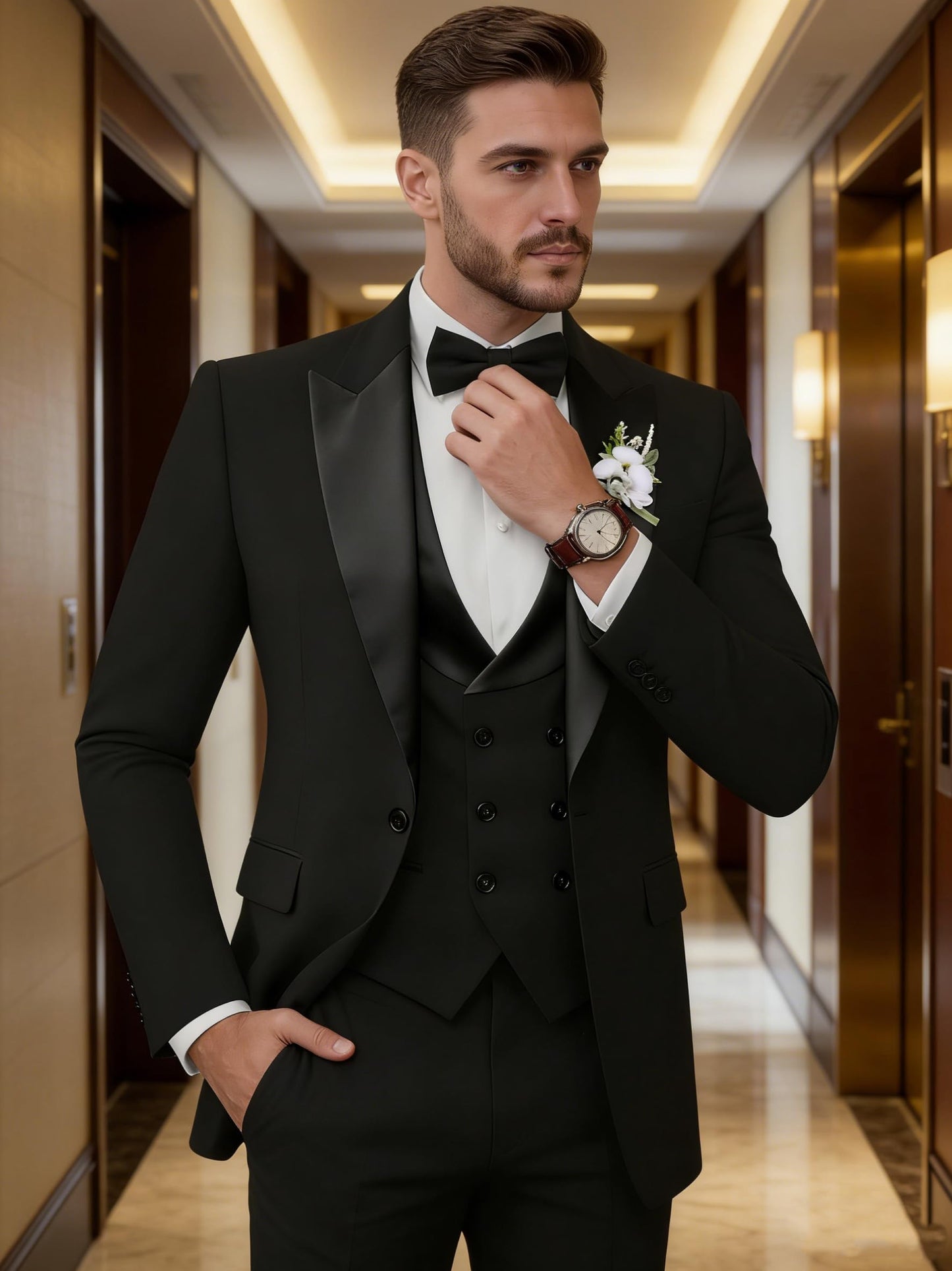 TIJOFA Tuxedo Suits Men 3 Piece Slim Fit Double Breasted Suits for Men White Tux Elegant Wedding Prom Party Business Tuxedo L