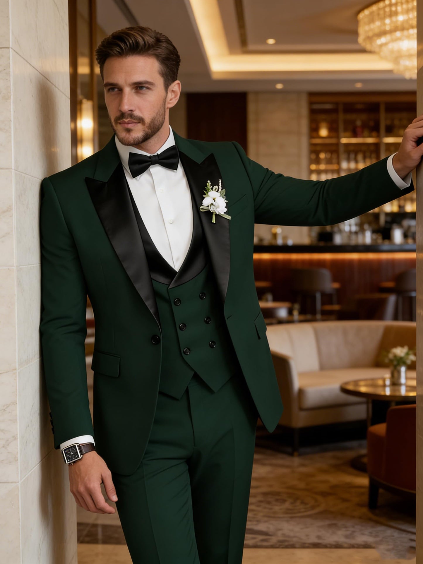 TIJOFA Tuxedo Suits Men 3 Piece Slim Fit Double Breasted Suits for Men White Tux Elegant Wedding Prom Party Business Tuxedo L