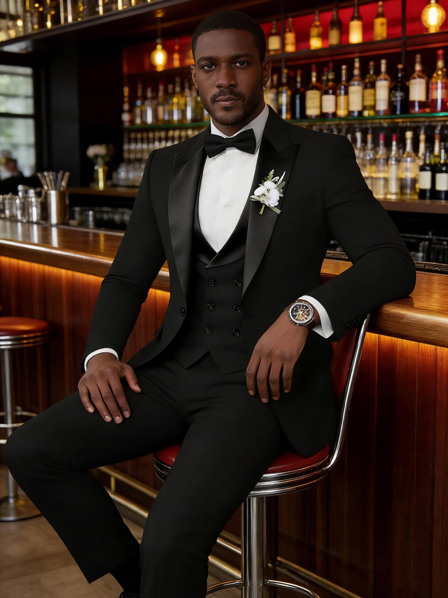 TIJOFA Tuxedo Suit for Men 3 Piece Black Double Breasted Suits Slim Fit for Wedding Party Tuxedo for Men Formal Prom Dinner One Button Blazer Vest Pants Set M